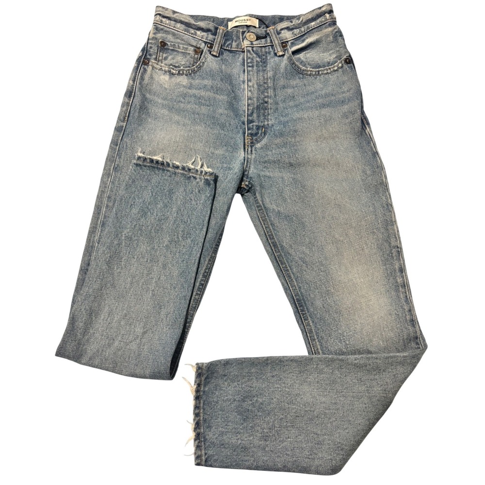 Moussy Vintage Straight Leg Jeans Women 24 Blue High Rise‎ Raw Hem Distressed